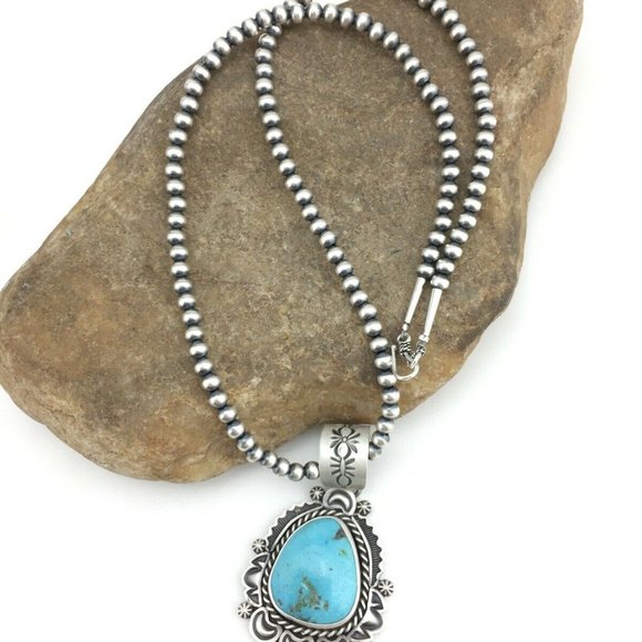 Navajo Sterling Silver Blue Necklace Pendant Ln 20 - Picture 2 of 12